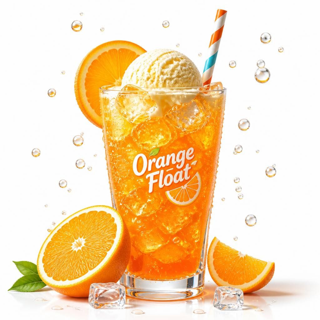 Orange Float dengan minuman rasa jeruk dan topping es krim vanilla